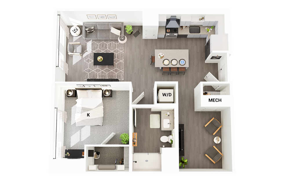 A15 - 1 bedroom floorplan layout with 1 bathroom and 909 square feet