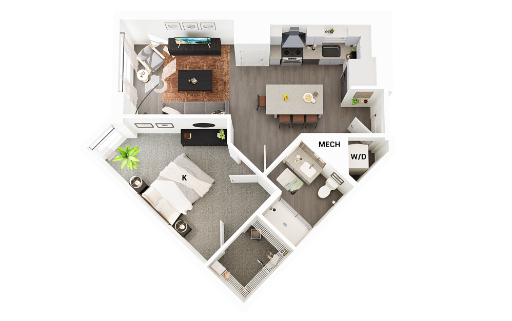 A2 - 1 bedroom floorplan layout with 1 bathroom and 708 square feet