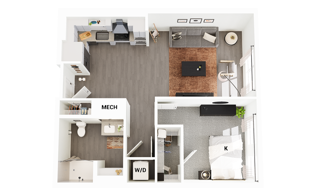 A6-G - 1 bedroom floorplan layout with 1 bathroom and 755 square feet