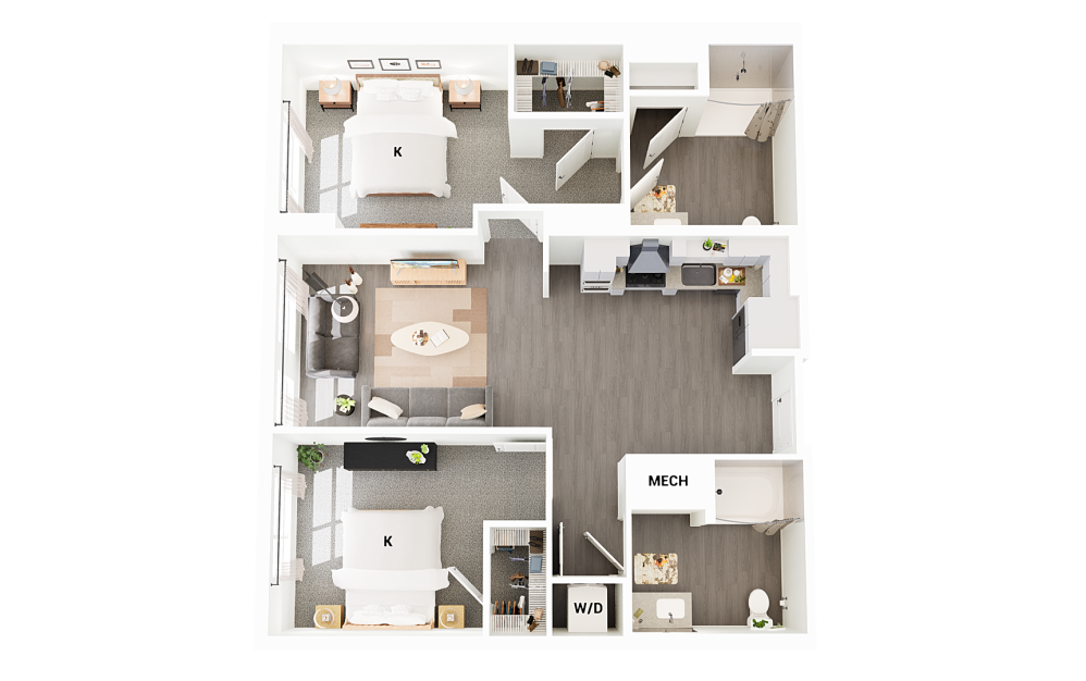 B12-G1 - 2 bedroom floorplan layout with 2 bathrooms and 1110 square feet