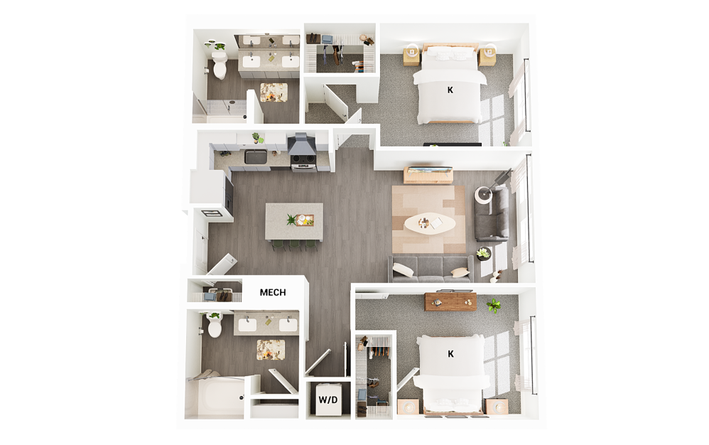 B12 - 2 bedroom floorplan layout with 2 bathrooms and 1137 square feet