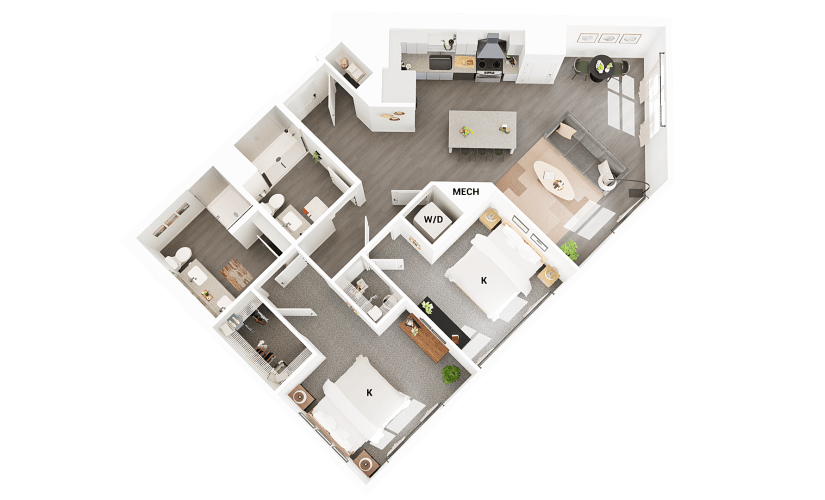 B13 - 2 bedroom floorplan layout with 2 bathrooms and 1153 square feet