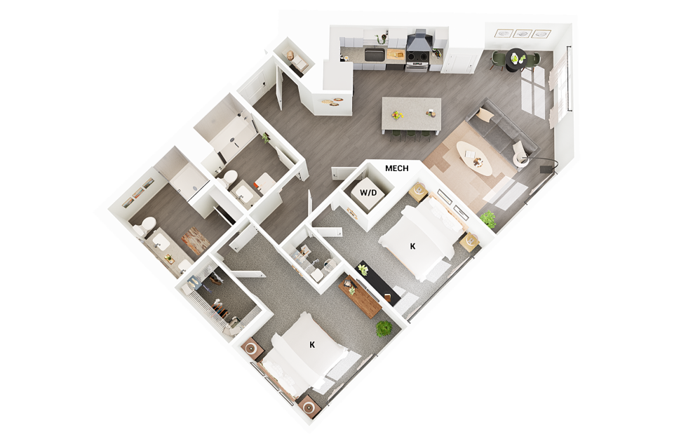 B13 - 2 bedroom floorplan layout with 2 bathrooms and 1153 square feet