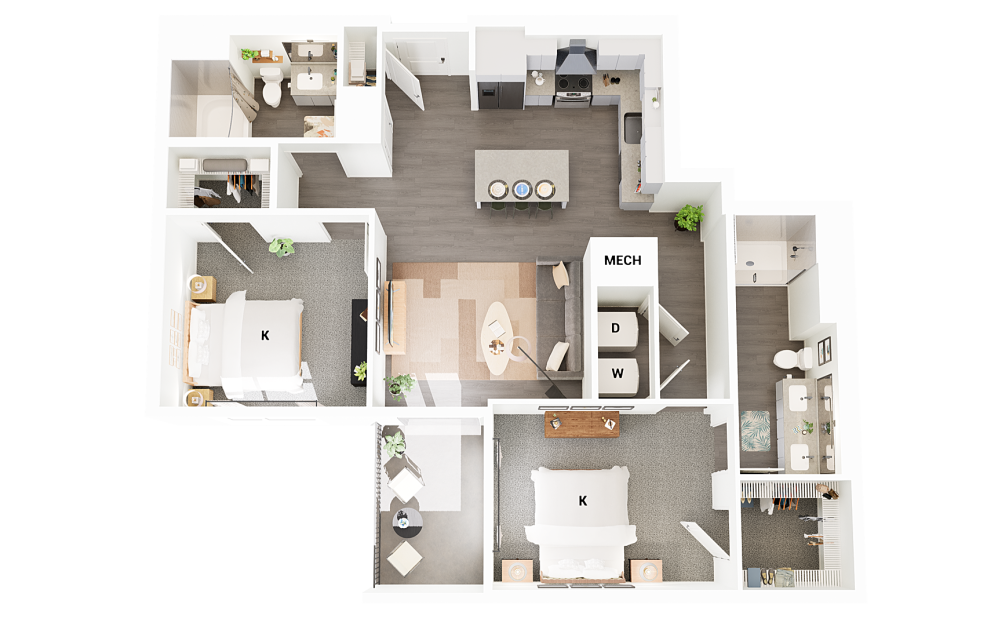 B14 - 2 bedroom floorplan layout with 2 bathrooms and 1159 square feet