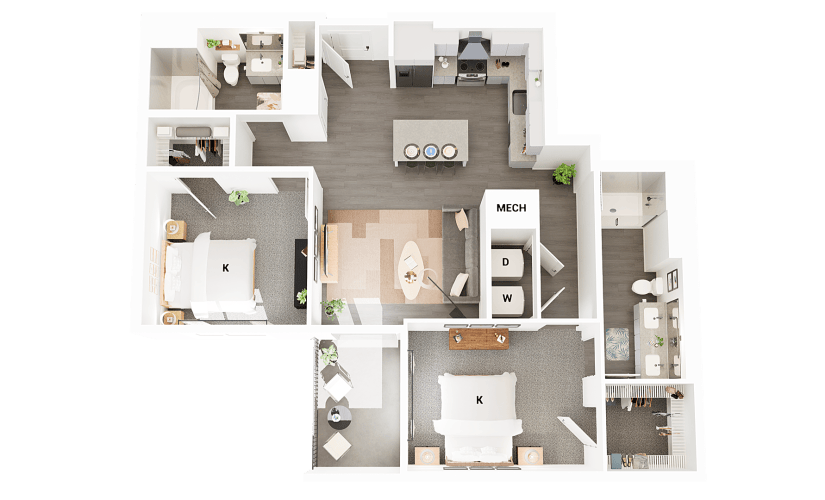 B14 - 2 bedroom floorplan layout with 2 bathrooms and 1159 square feet
