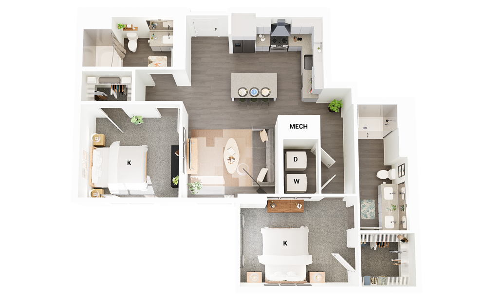 B15 - 2 bedroom floorplan layout with 2 bathrooms and 1166 square feet