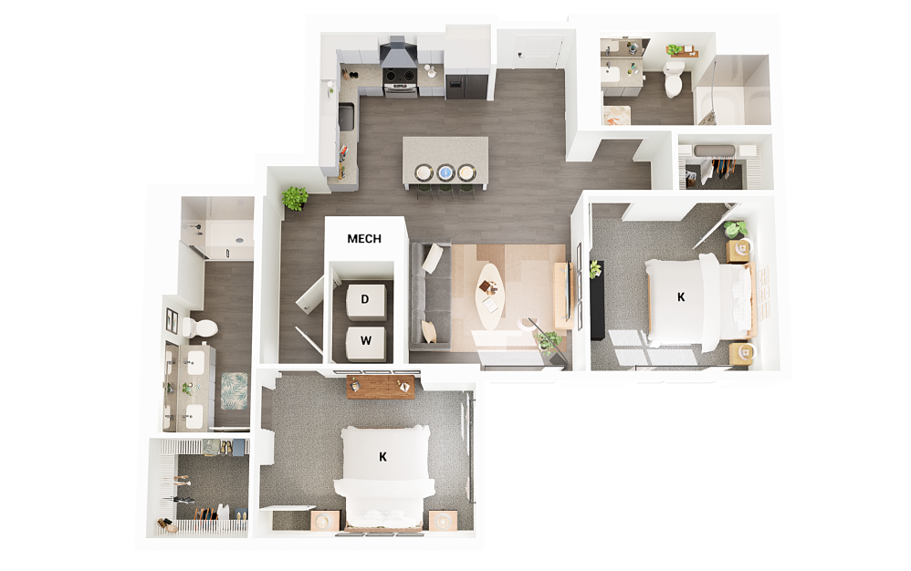 B17 - 2 bedroom floorplan layout with 2 bathrooms and 1170 square feet