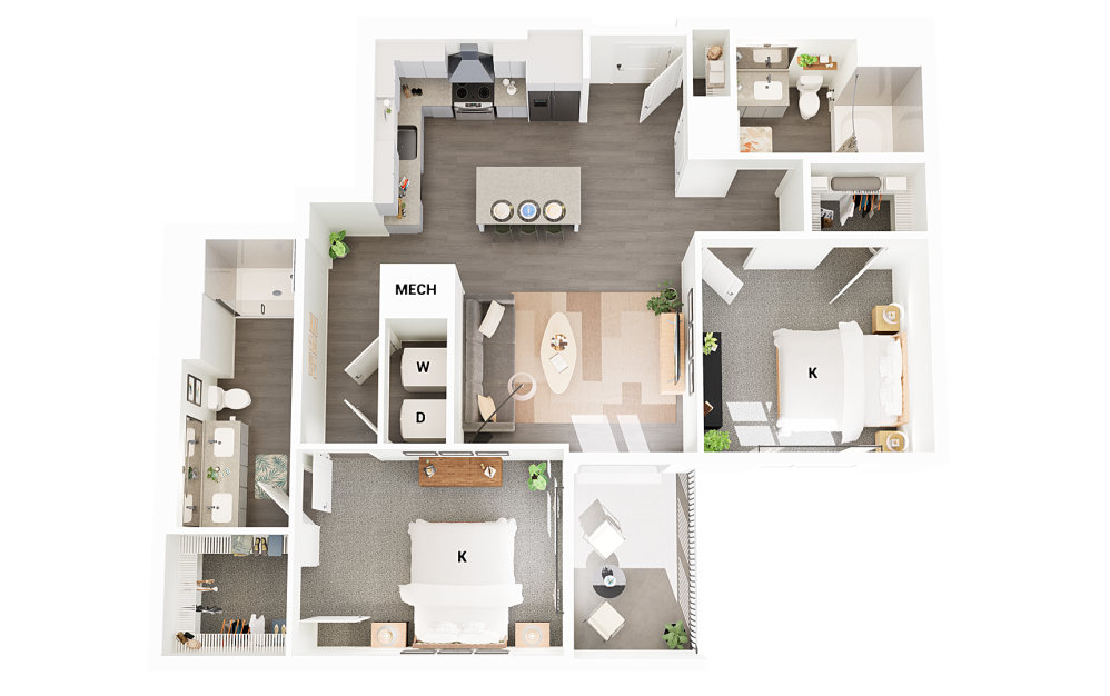 B18 - 2 bedroom floorplan layout with 2 bathrooms and 1171 square feet