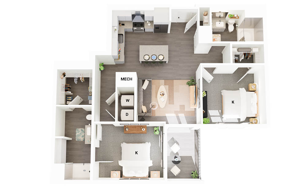 B19 - 2 bedroom floorplan layout with 2 bathrooms and 1176 square feet