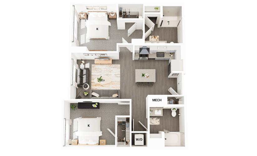 B1 - 2 bedroom floorplan layout with 2 bathrooms and 1015 square feet
