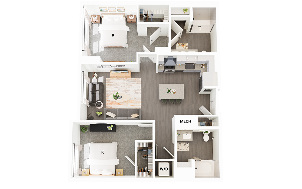 B1 - 2 bedroom floorplan layout with 2 bathrooms and 1015 square feet