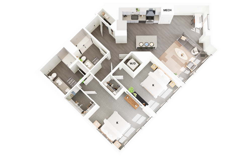 B20 - 2 bedroom floorplan layout with 2 bathrooms and 1225 square feet