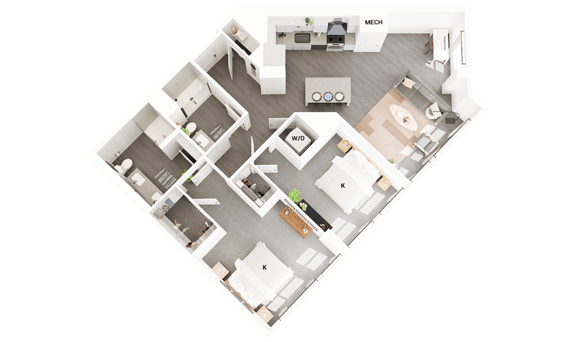 B20 - 2 bedroom floorplan layout with 2 bathrooms and 1225 square feet