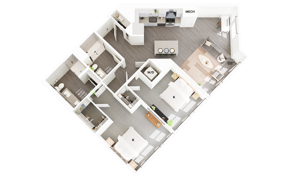 B21 - 2 bedroom floorplan layout with 2 bathrooms and 1248 square feet