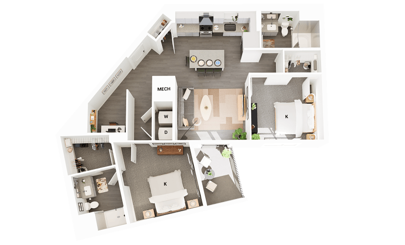 B22 - 2 bedroom floorplan layout with 2 bathrooms and 1256 square feet