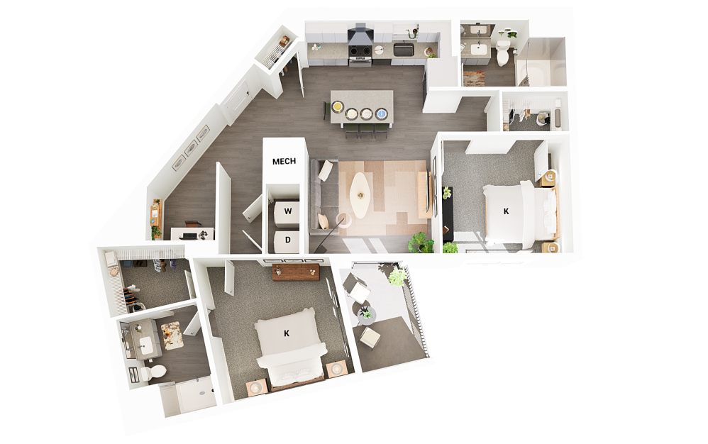 B22 - 2 bedroom floorplan layout with 2 bathrooms and 1256 square feet