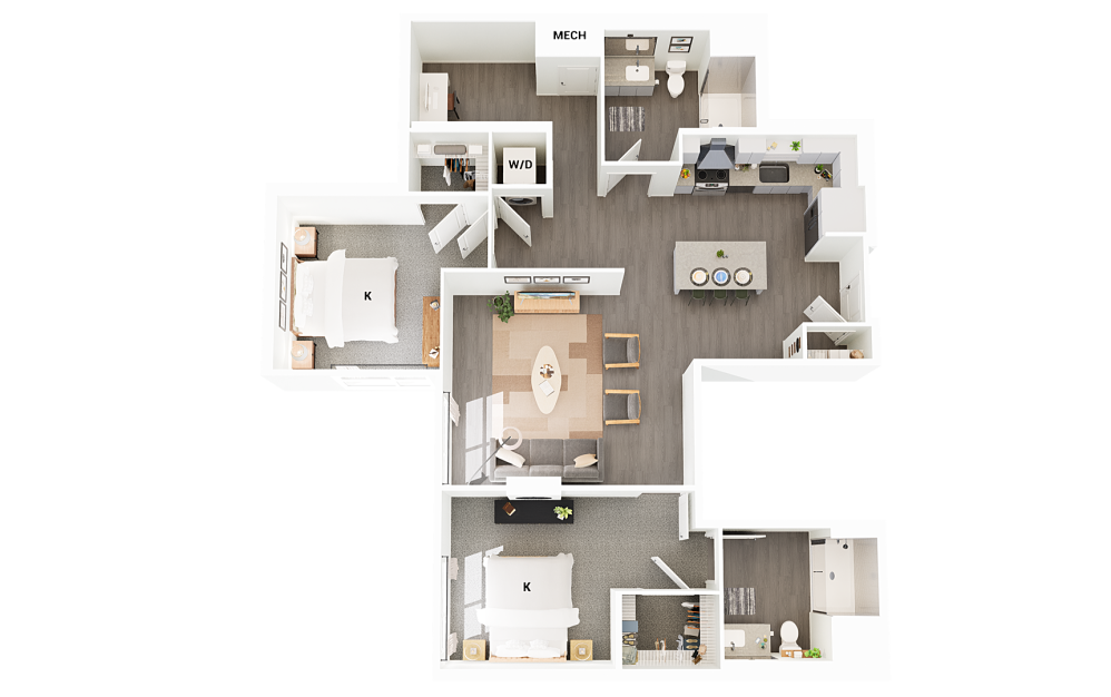 B23 - 2 bedroom floorplan layout with 2 bathrooms and 1290 square feet