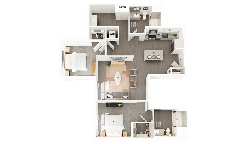 B24 - 2 bedroom floorplan layout with 2 bathrooms and 1308 square feet