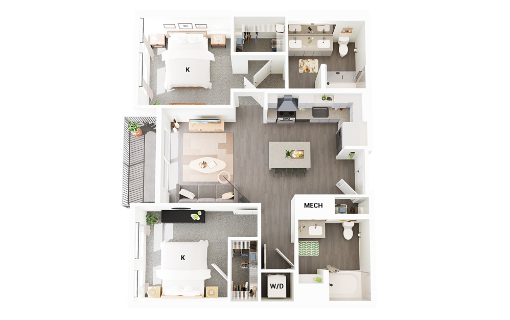 B3 - 2 bedroom floorplan layout with 2 bathrooms and 1033 square feet