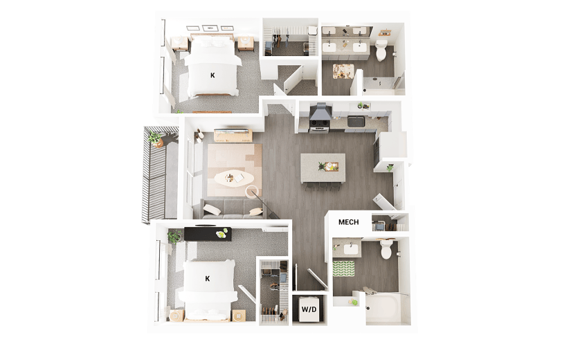 B3 - 2 bedroom floorplan layout with 2 bathrooms and 1033 square feet