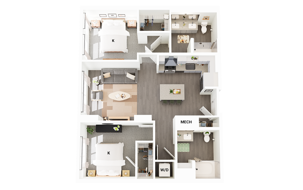 B4 - 2 bedroom floorplan layout with 2 bathrooms and 1045 square feet