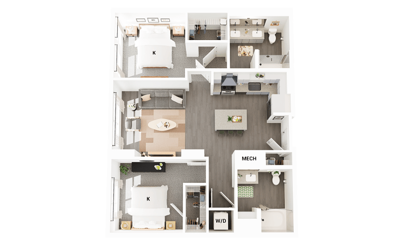 B9 - 2 bedroom floorplan layout with 2 bathrooms and 1081 square feet