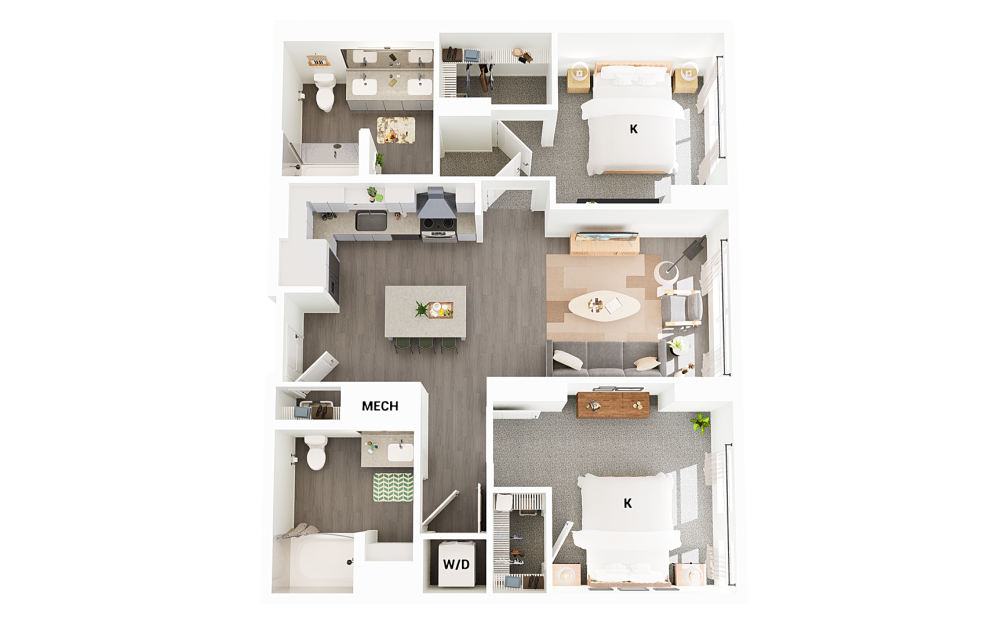 B6 - 2 bedroom floorplan layout with 2 bathrooms and 1059 square feet