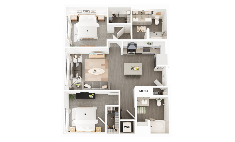 B7 - 2 bedroom floorplan layout with 2 bathrooms and 1065 square feet