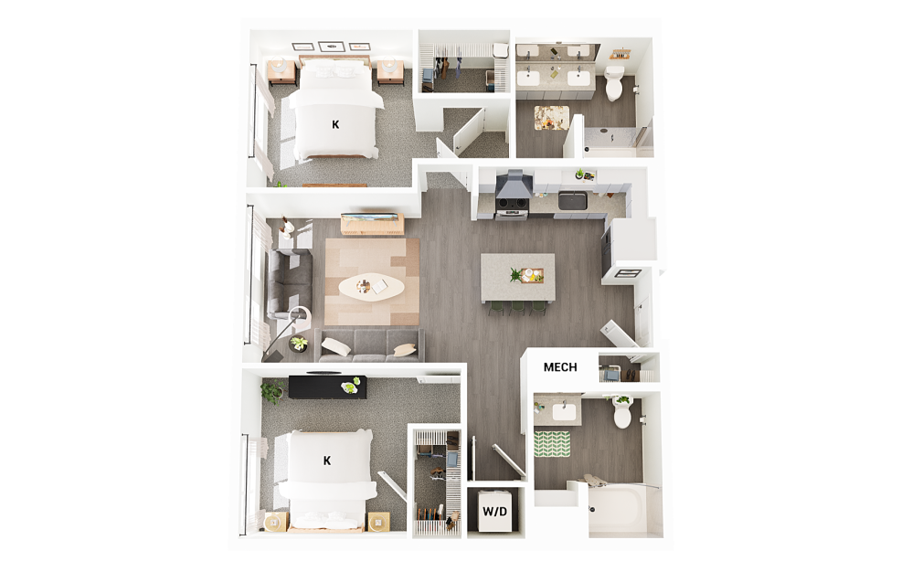 B7 - 2 bedroom floorplan layout with 2 bathrooms and 1065 square feet