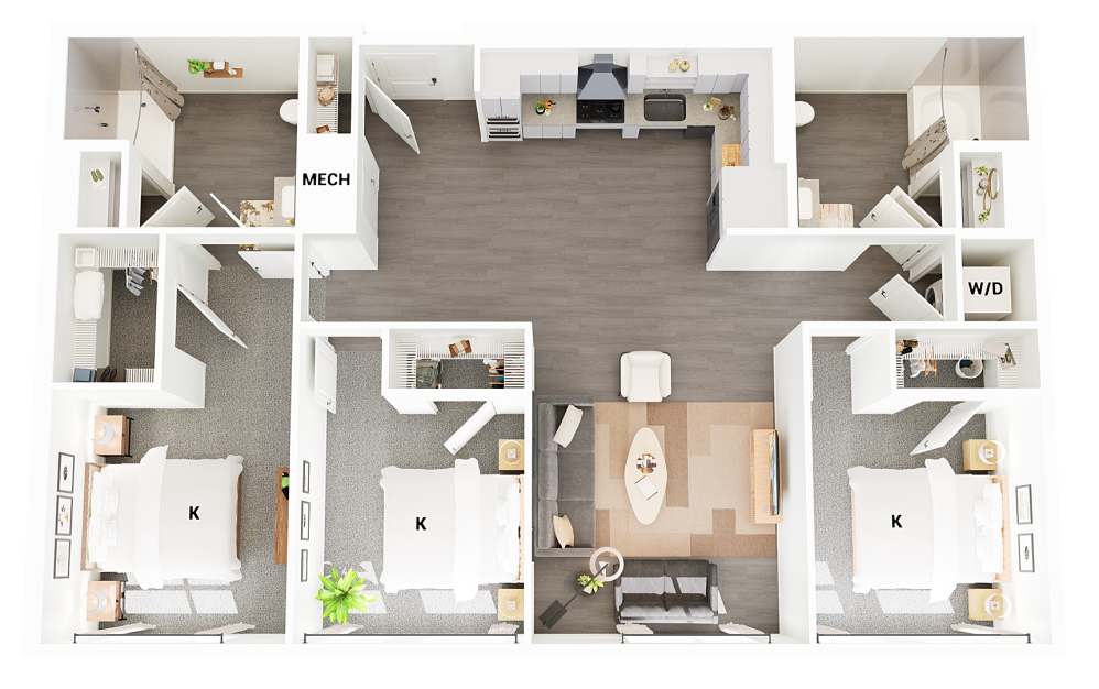 C1-G - 3 bedroom floorplan layout with 2 bathrooms and 1368 square feet