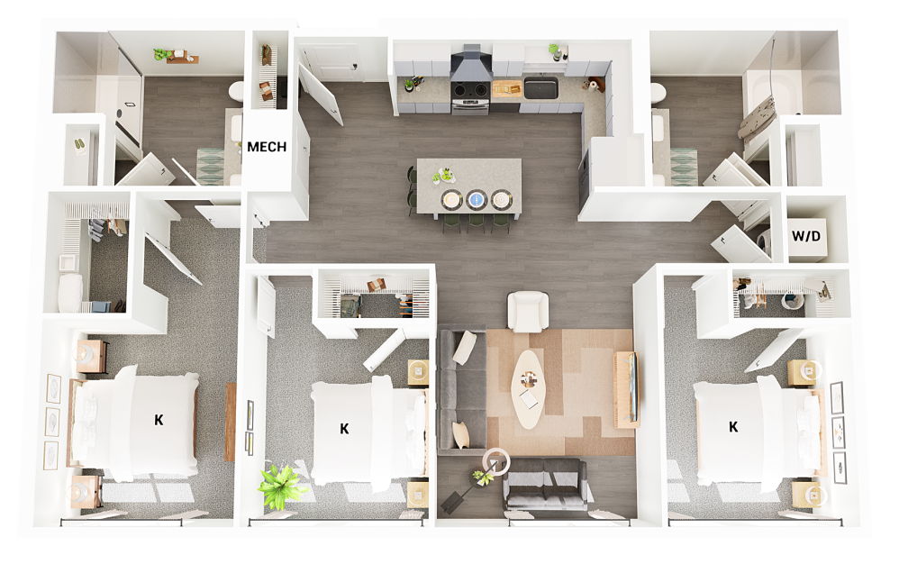 C1 - 3 bedroom floorplan layout with 2 bathrooms and 1368 square feet