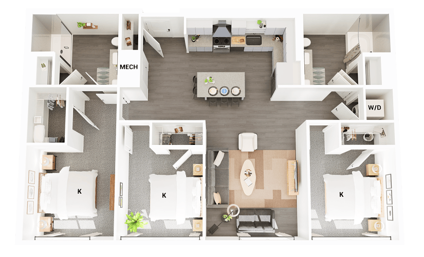 C1 - 3 bedroom floorplan layout with 2 bathrooms and 1368 square feet