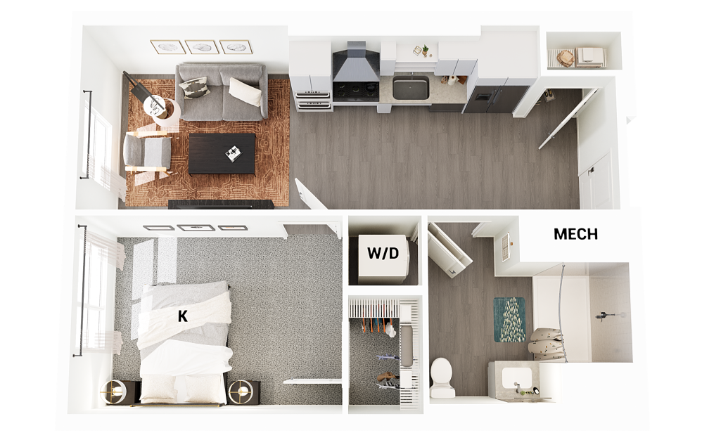 J1-G1 - 1 bedroom floorplan layout with 1 bathroom and 618 square feet