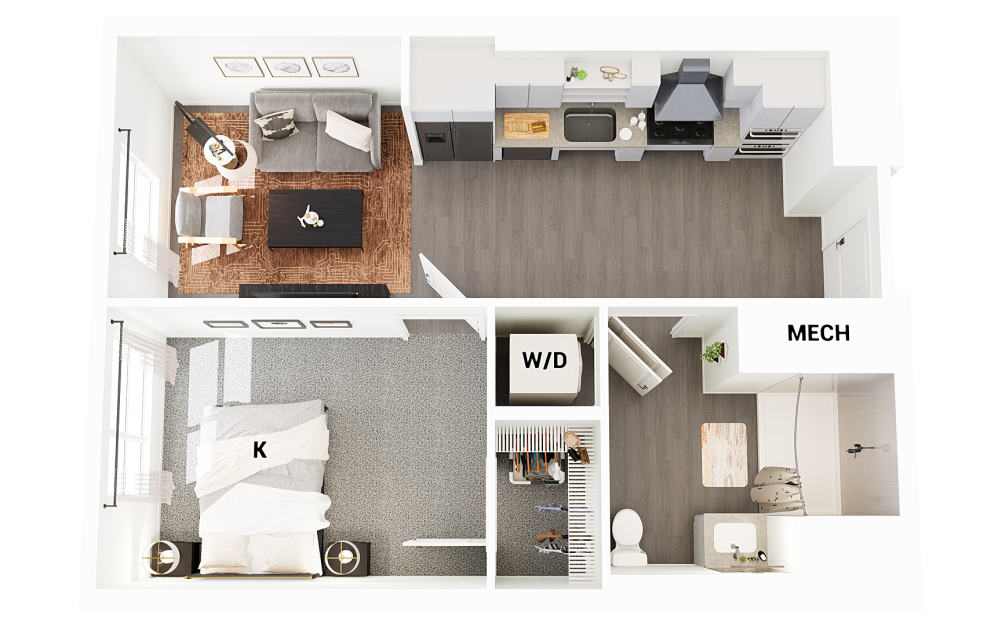 J1-G - 1 bedroom floorplan layout with 1 bathroom and 616 square feet