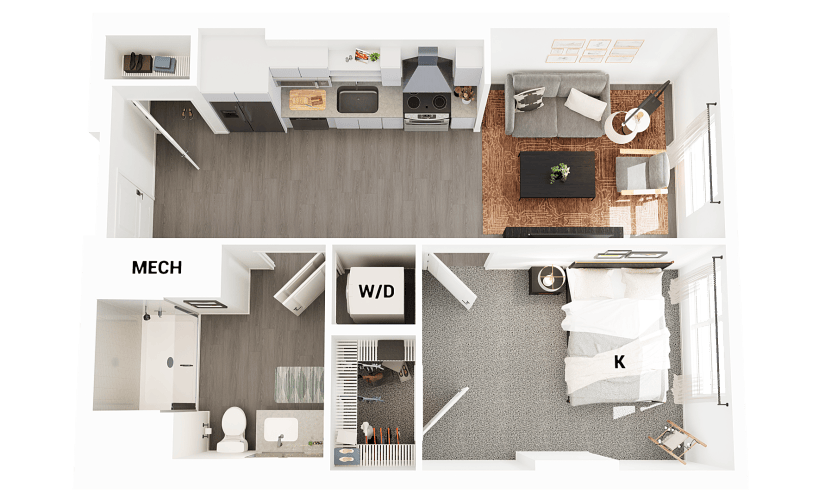 J1 - 1 bedroom floorplan layout with 1 bathroom and 615 square feet
