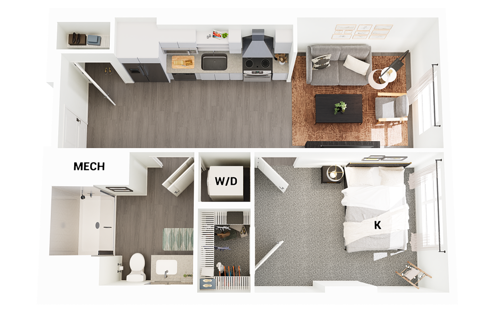 J1 - 1 bedroom floorplan layout with 1 bathroom and 615 square feet