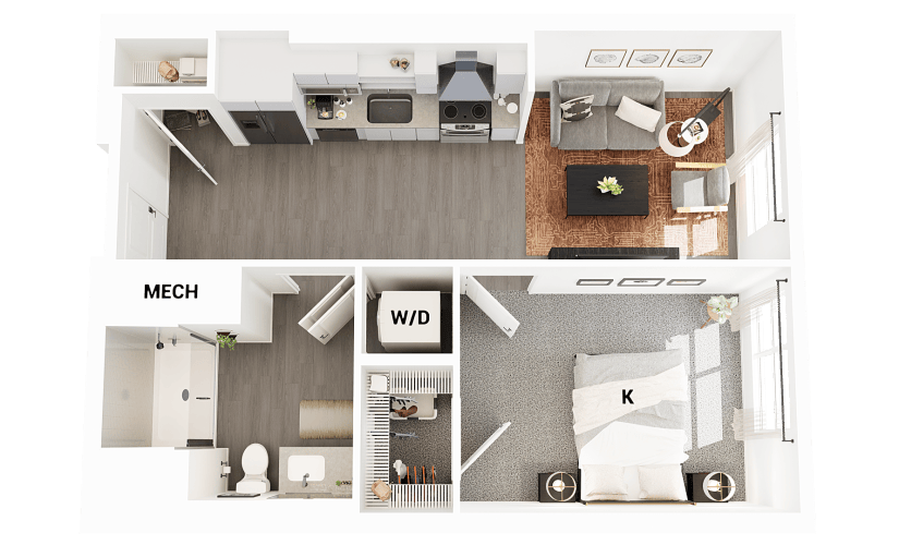 J2 - 1 bedroom floorplan layout with 1 bathroom and 618 square feet