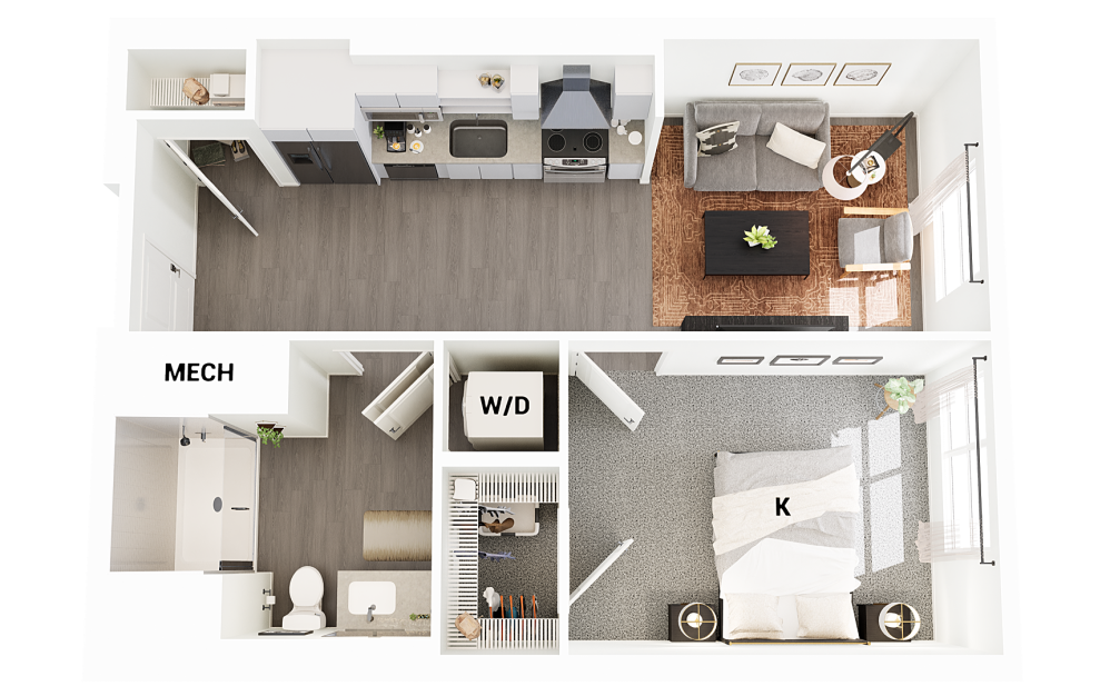 J2 - 1 bedroom floorplan layout with 1 bathroom and 618 square feet