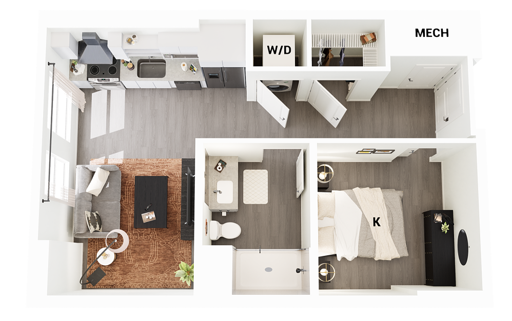 S3 - Studio floorplan layout with 1 bathroom and 550 square feet