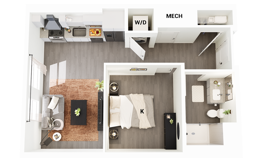 S4 - Studio floorplan layout with 1 bathroom and 600 square feet